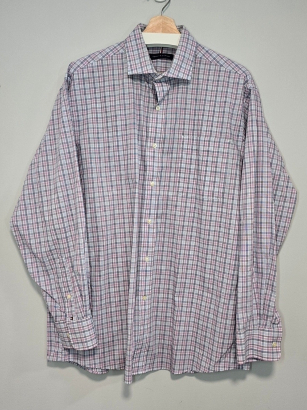 Tommy Hilfiger Pink and Blue Plaid Dress Shirt SZ L 16-16.5